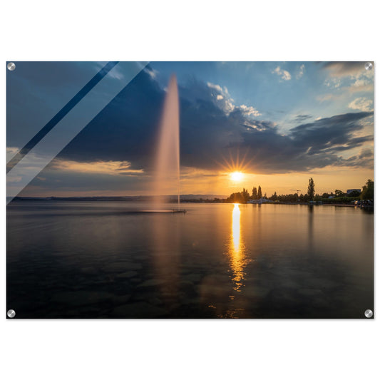 Water fountain on Lake Zug at sunset - acrylic print 70x100cm
