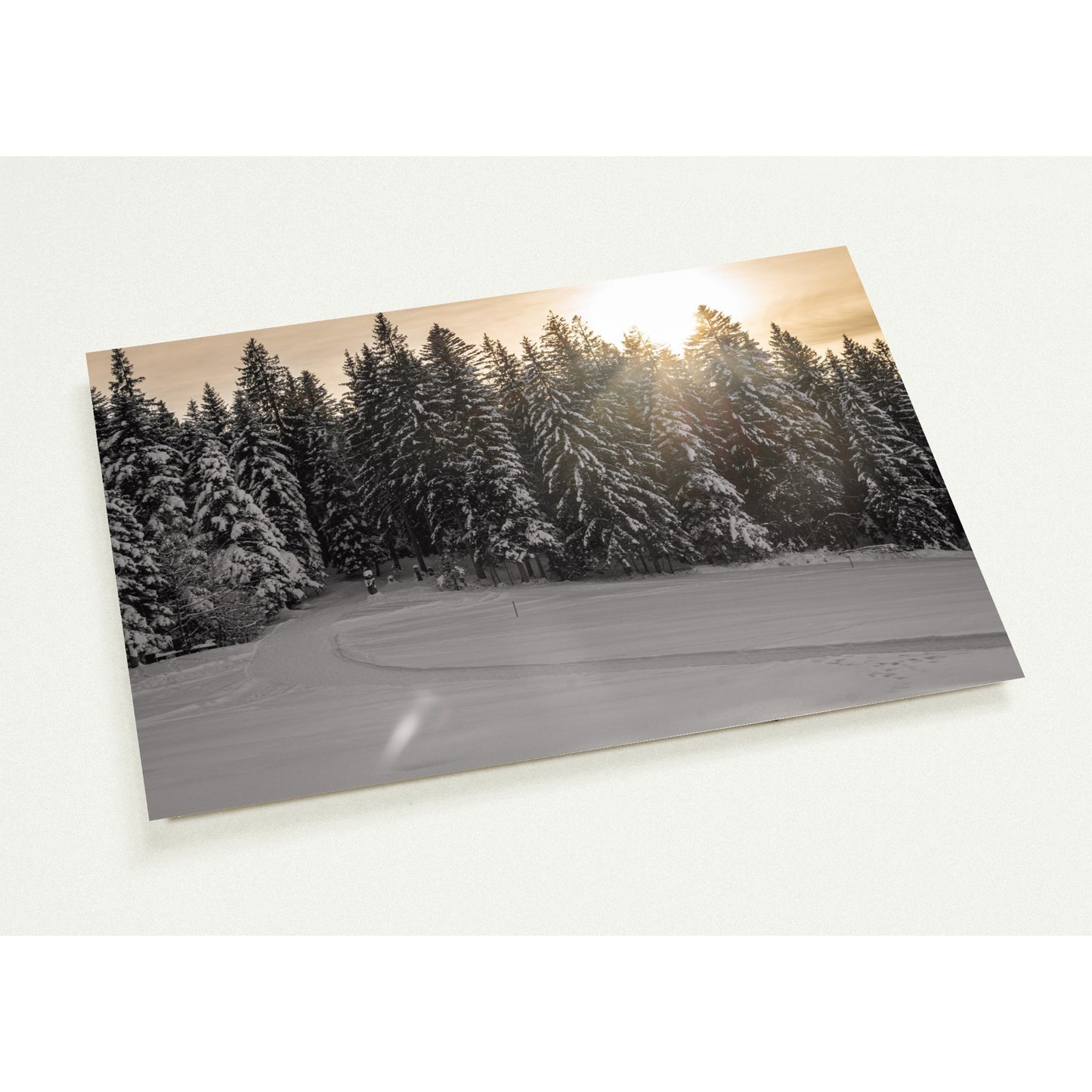 Sonnenstrahlen über verschneitem Wald Set mit 10 Karten (2-seitig, mit Umschläge)