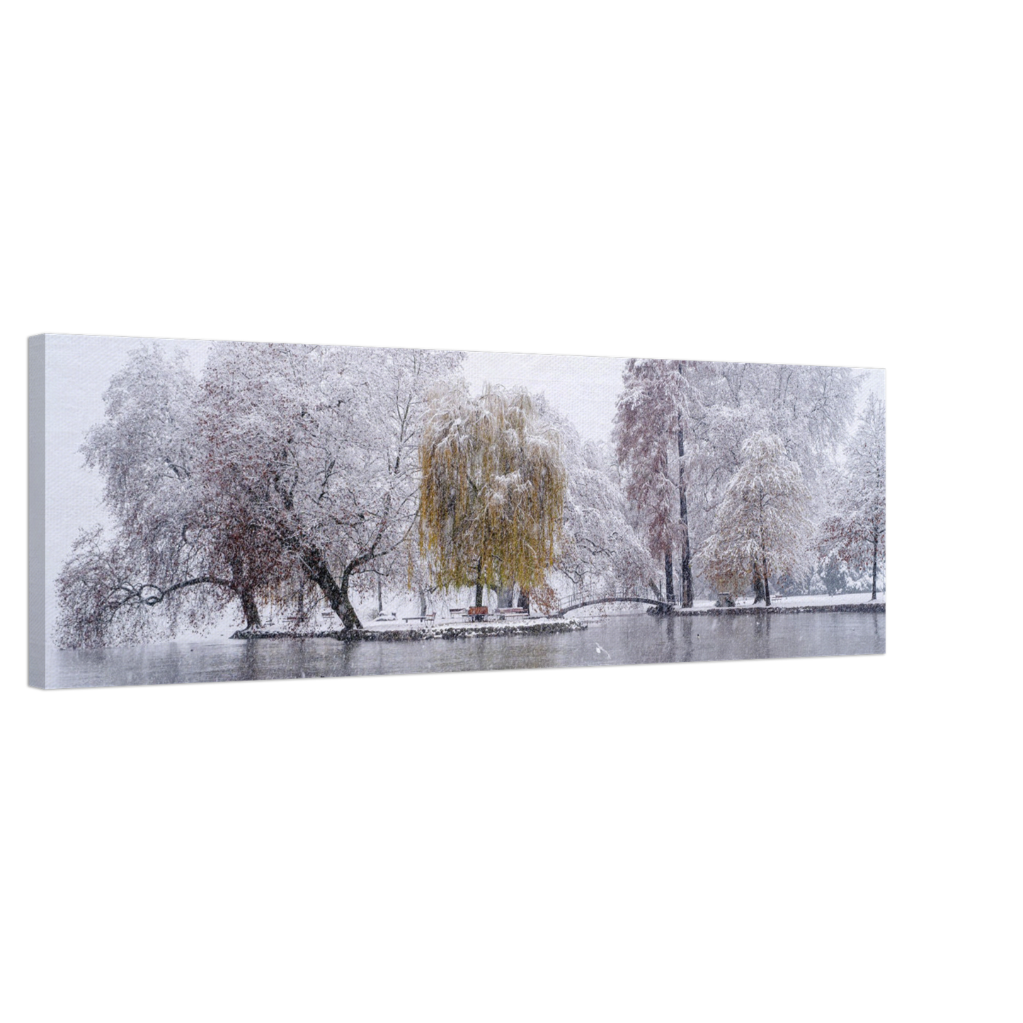 Schneefall im Villettepark auf Leinwand