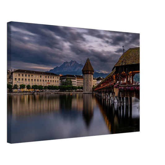 Lucerne Chapel Bridge with Pilatus in the evening on canvas